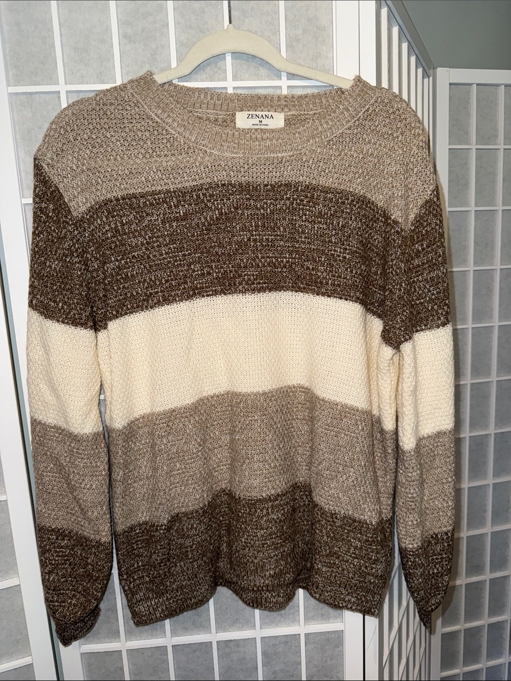 Women’s Beige, Cream & Brown Striped Crewneck Sweater Size M